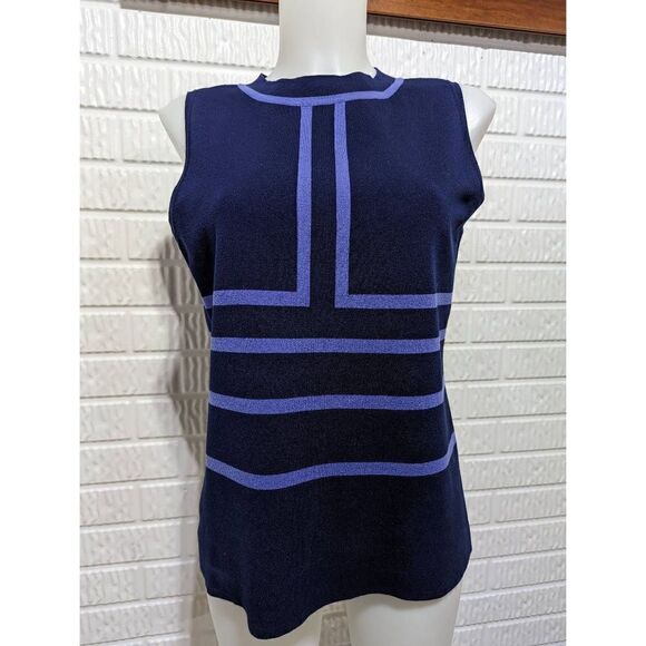 Anne Klein Women's Blue Mock Neck Stripe Sleeveless Sweater Tank Top Size Small - Picture 1 of 5